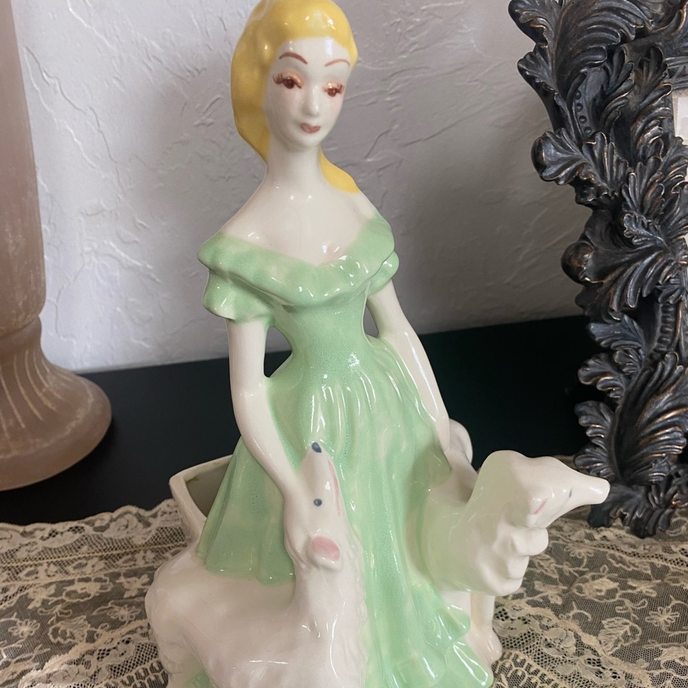 Rare Vintage 1943 Brayton Laguna Lady in green & Borzei Wolfhounds planter vase